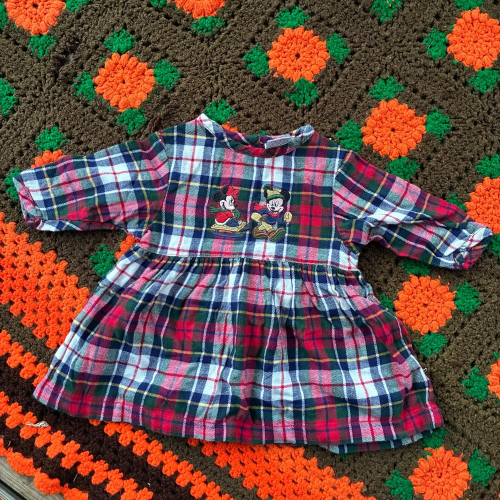 Vintage 90s Disney Store Plaid Holiday Mickey & Minnie Mouse Dress Size 12m